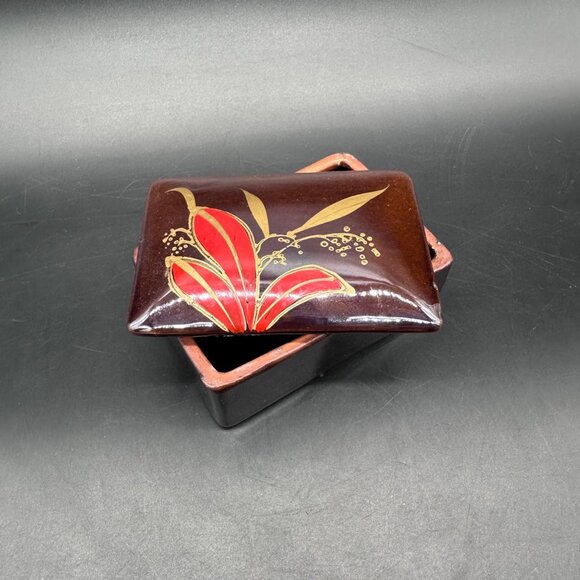 Other - Vintage Trinket Box Floral Red Gold Brown Flowers Vanity Jewelry Holder Japan